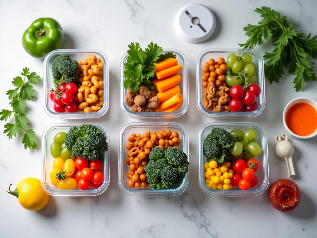 Colorful meal prep containers with balanced nutrition portions