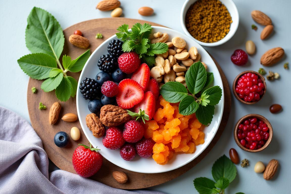 Colorful array of mood-boosting foods including berries, nuts, and leafy greens