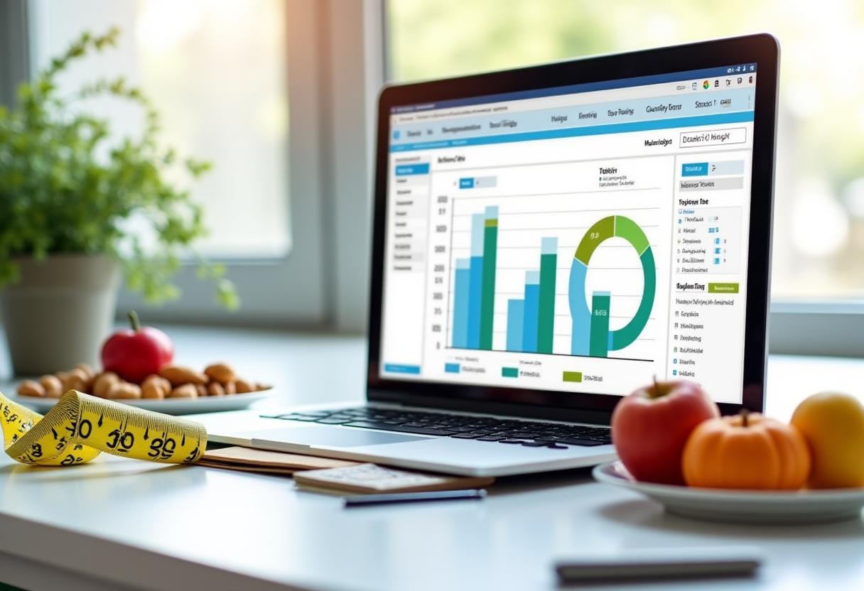 Progress tracking charts and healthy meal components for weight management